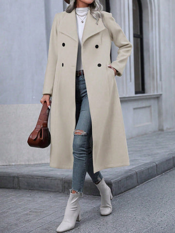 Solid Color Lapel Double-Breasted Woolen Coat