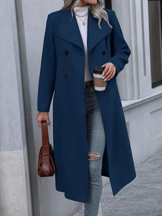 Solid Color Lapel Double-Breasted Woolen Coat