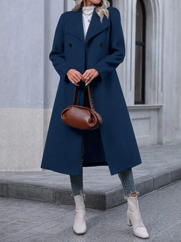 Solid Color Lapel Double-Breasted Woolen Coat