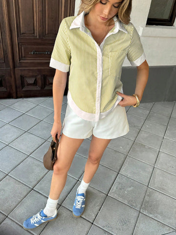 Vacation Striped Patchwork Contrast Pocket Short Sleeve Shirt