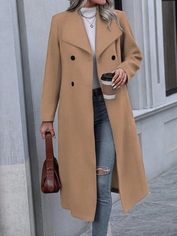 Solid Color Lapel Double-Breasted Woolen Coat
