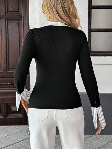 Women's Fashionable 2 In 1 Patchwork Long Sleeve T-Shirt