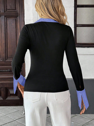 Women's Fashionable 2 In 1 Patchwork Long Sleeve T-Shirt