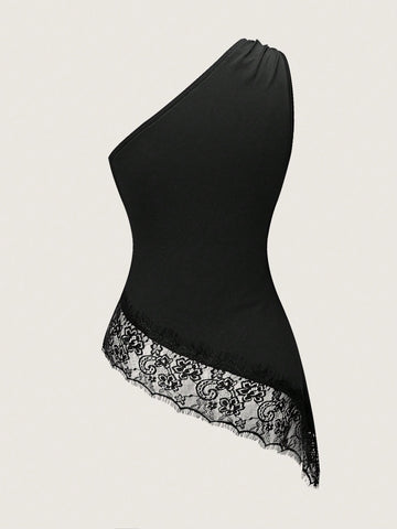 One-Shoulder Metal Lace Patchwork Asymmetric Hem Camisole