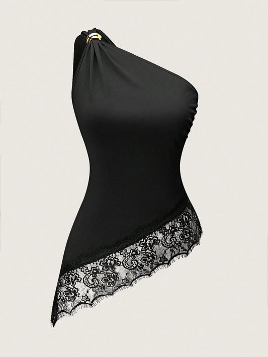 One-Shoulder Metal Lace Patchwork Asymmetric Hem Camisole
