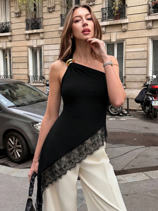 One-Shoulder Metal Lace Patchwork Asymmetric Hem Camisole