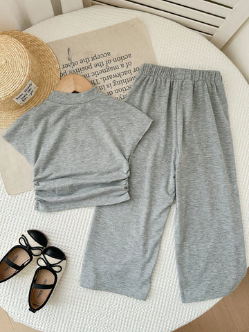 Textured Knit Side Ruched Mock Neck Snug Fit Top And Wide Leg Pant