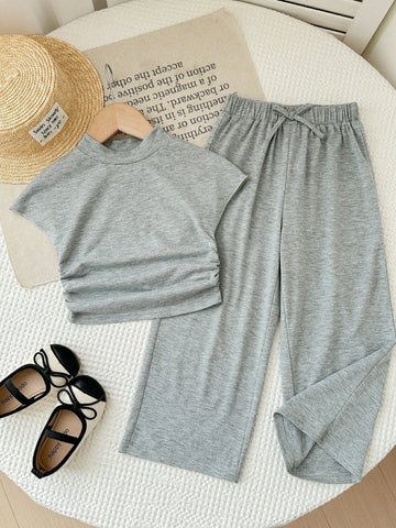 Textured Knit Side Ruched Mock Neck Snug Fit Top And Wide Leg Pant