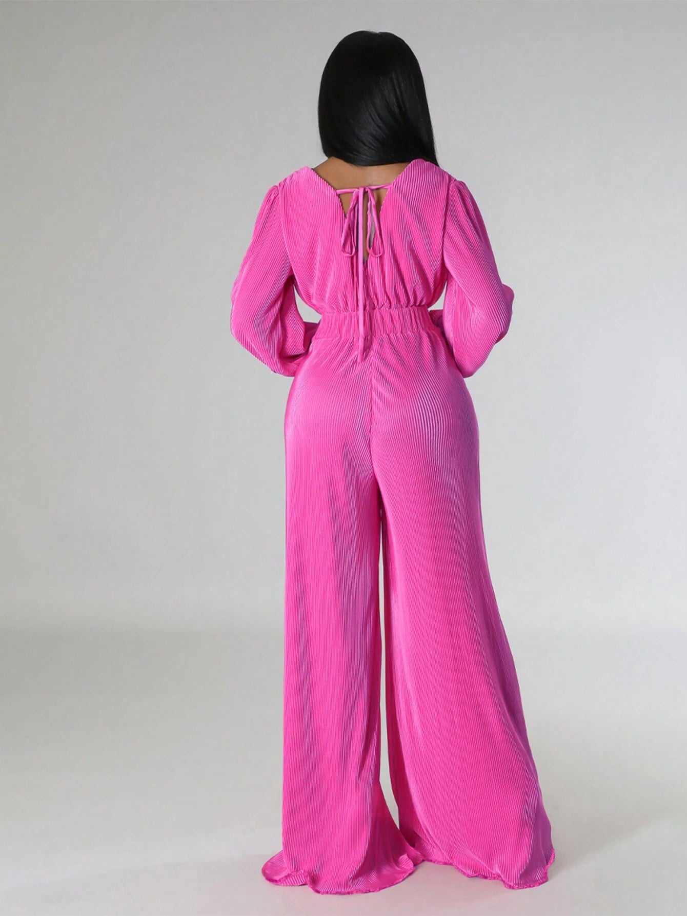 Plunging Neck Lantern Sleeve Wide Leg Jumpsuit