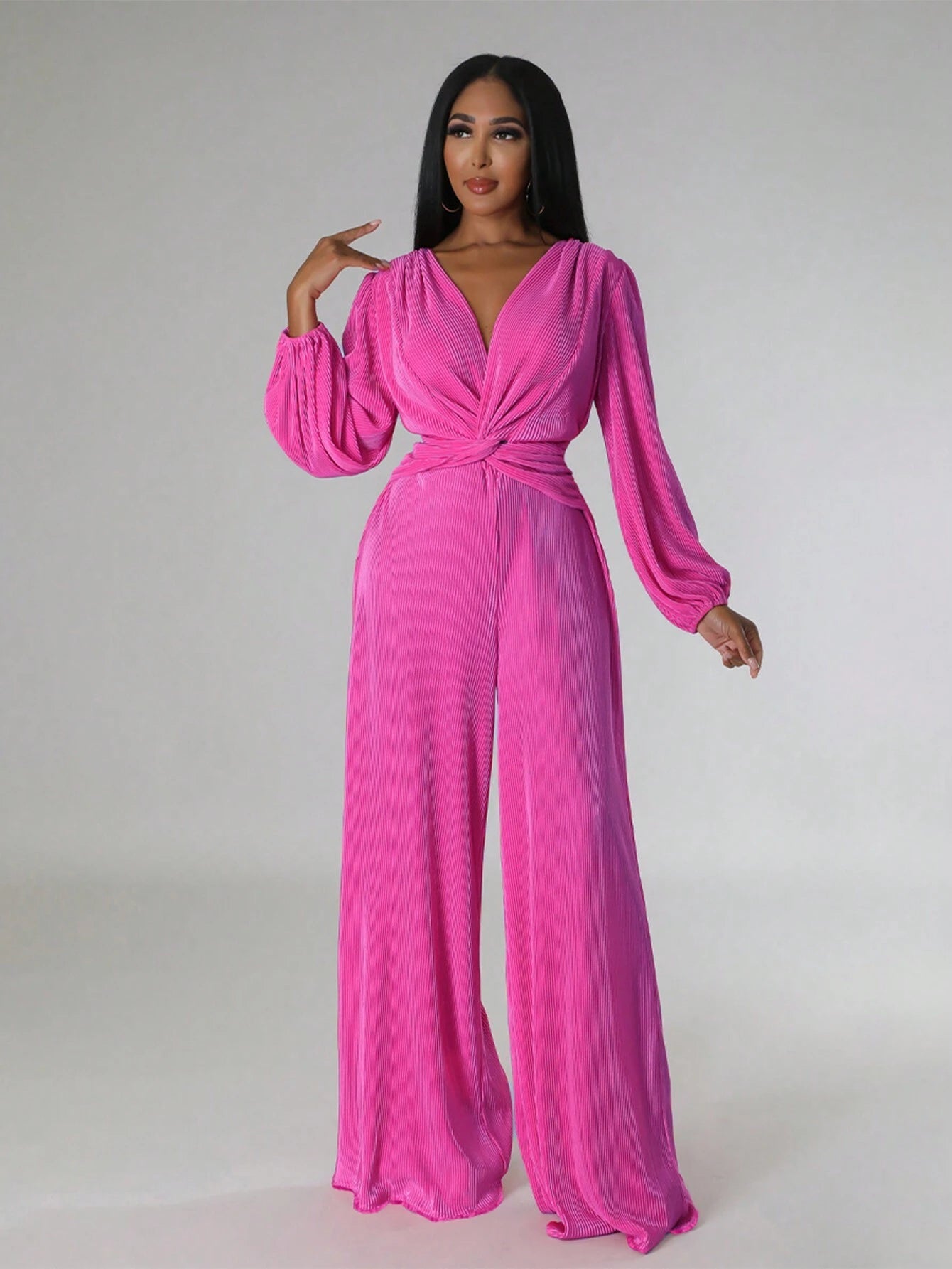 Plunging Neck Lantern Sleeve Wide Leg Jumpsuit