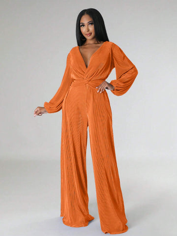 Plunging Neck Lantern Sleeve Wide Leg Jumpsuit