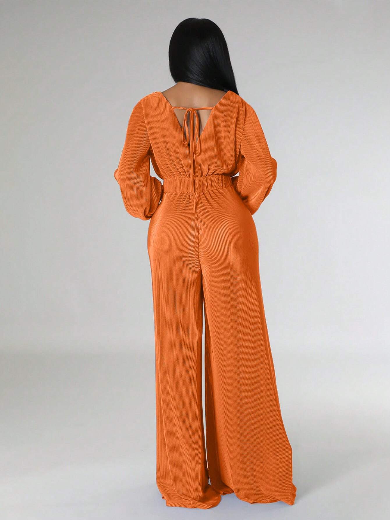 Plunging Neck Lantern Sleeve Wide Leg Jumpsuit