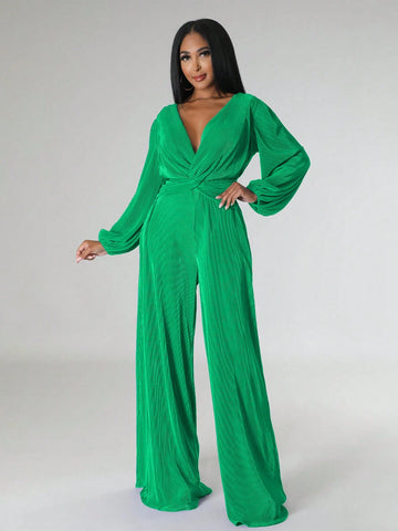 Plunging Neck Lantern Sleeve Wide Leg Jumpsuit