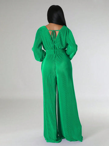 Plunging Neck Lantern Sleeve Wide Leg Jumpsuit