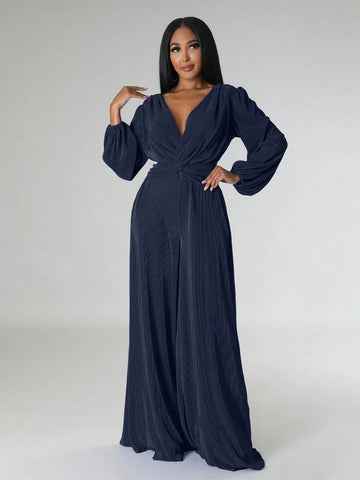 Plunging Neck Lantern Sleeve Wide Leg Jumpsuit