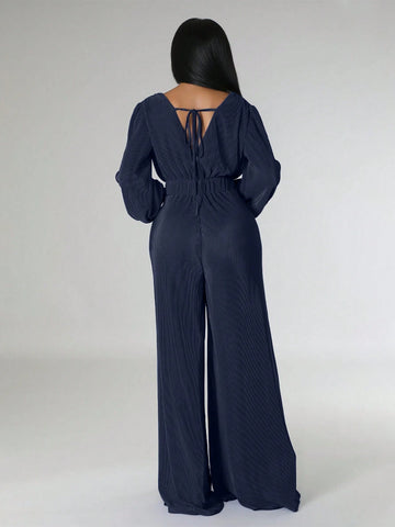 Plunging Neck Lantern Sleeve Wide Leg Jumpsuit