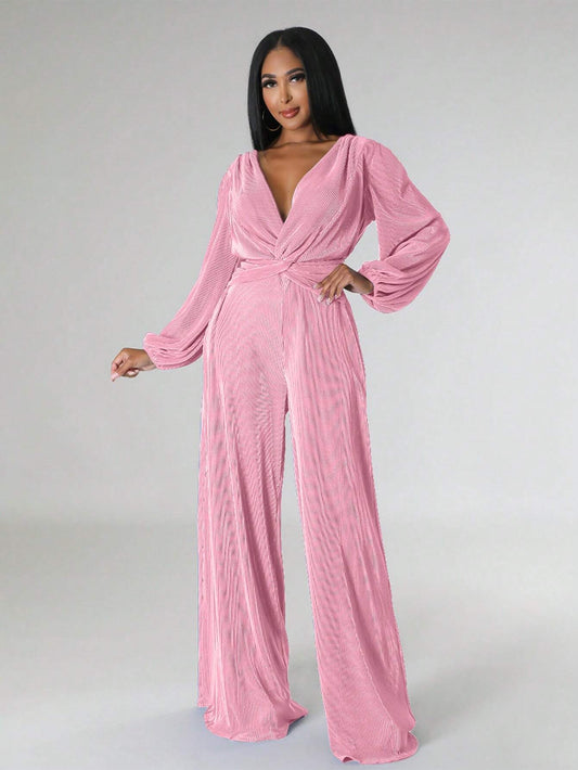 Plunging Neck Lantern Sleeve Wide Leg Jumpsuit