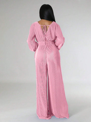 Plunging Neck Lantern Sleeve Wide Leg Jumpsuit