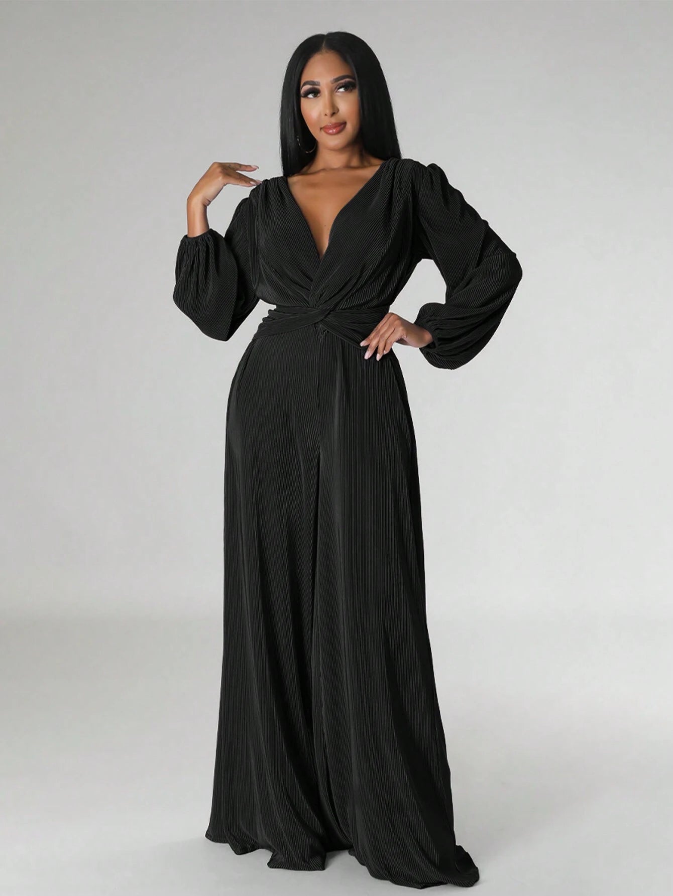 Plunging Neck Lantern Sleeve Wide Leg Jumpsuit