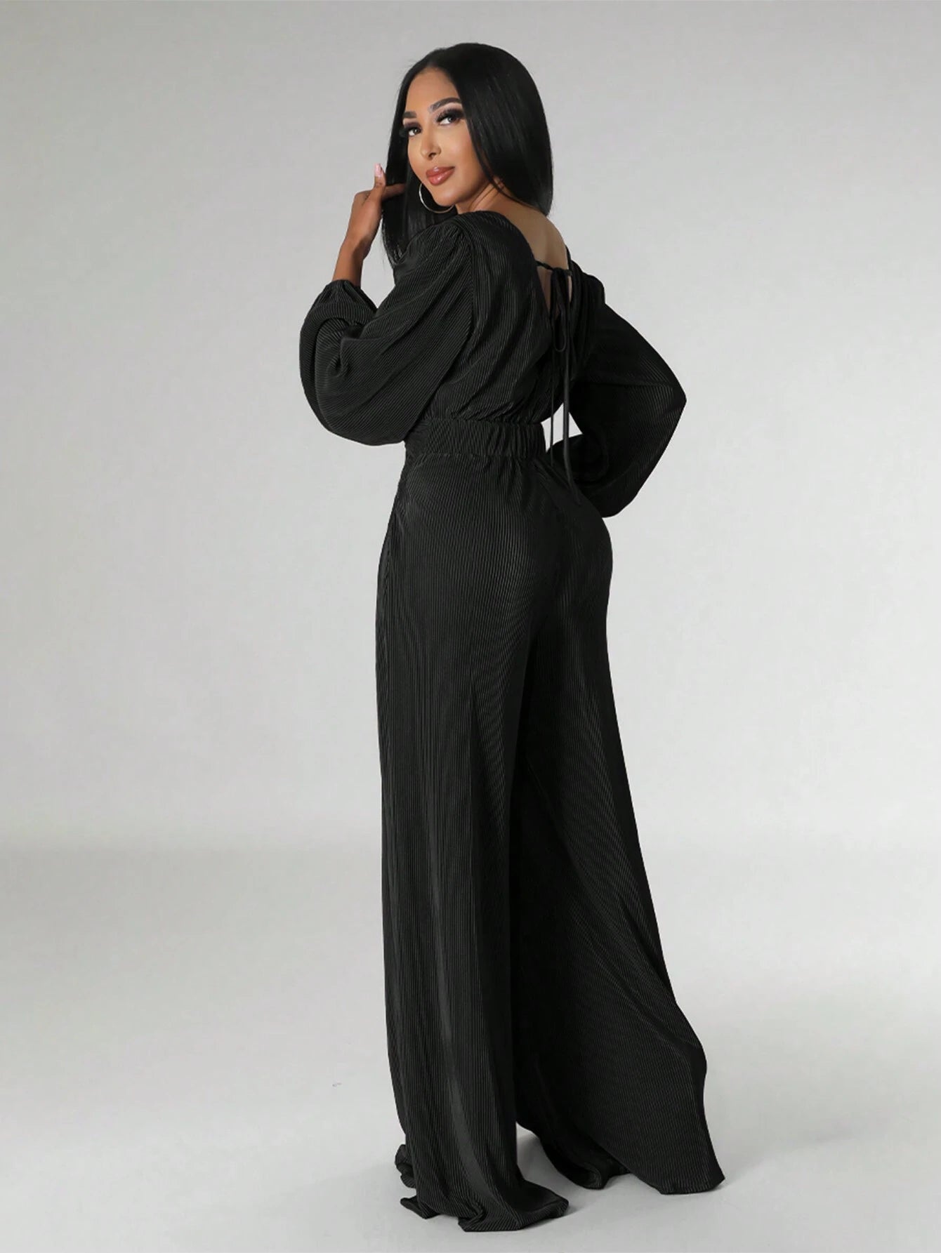 Plunging Neck Lantern Sleeve Wide Leg Jumpsuit