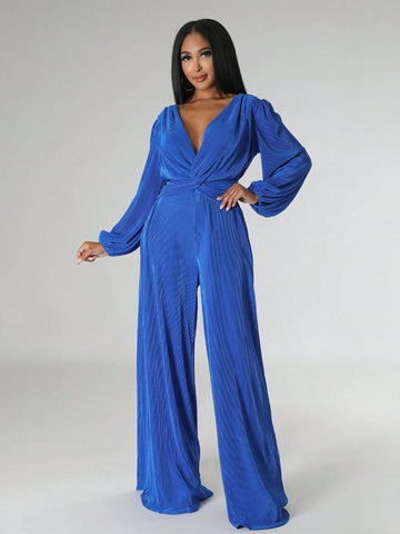 Plunging Neck Lantern Sleeve Wide Leg Jumpsuit