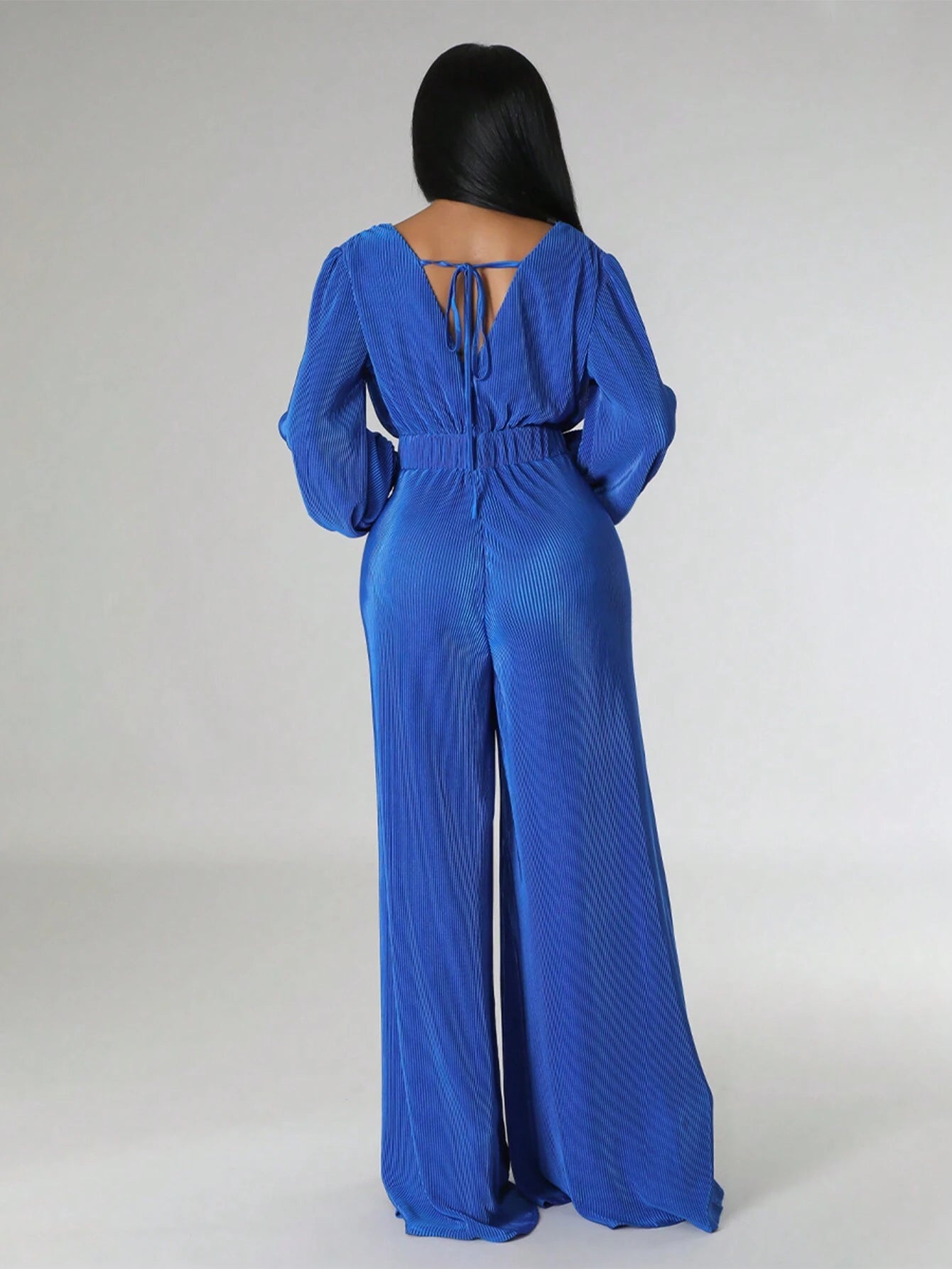 Plunging Neck Lantern Sleeve Wide Leg Jumpsuit