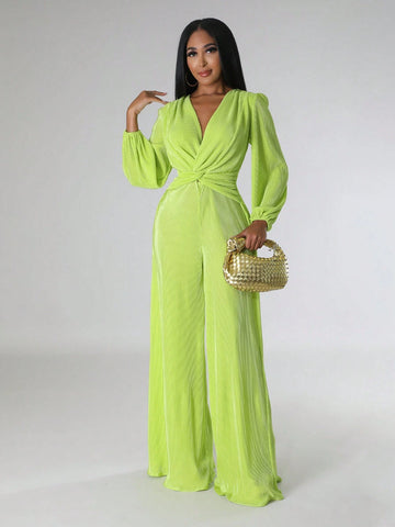 Plunging Neck Lantern Sleeve Wide Leg Jumpsuit