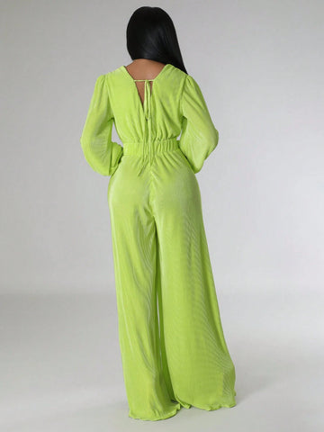 Plunging Neck Lantern Sleeve Wide Leg Jumpsuit