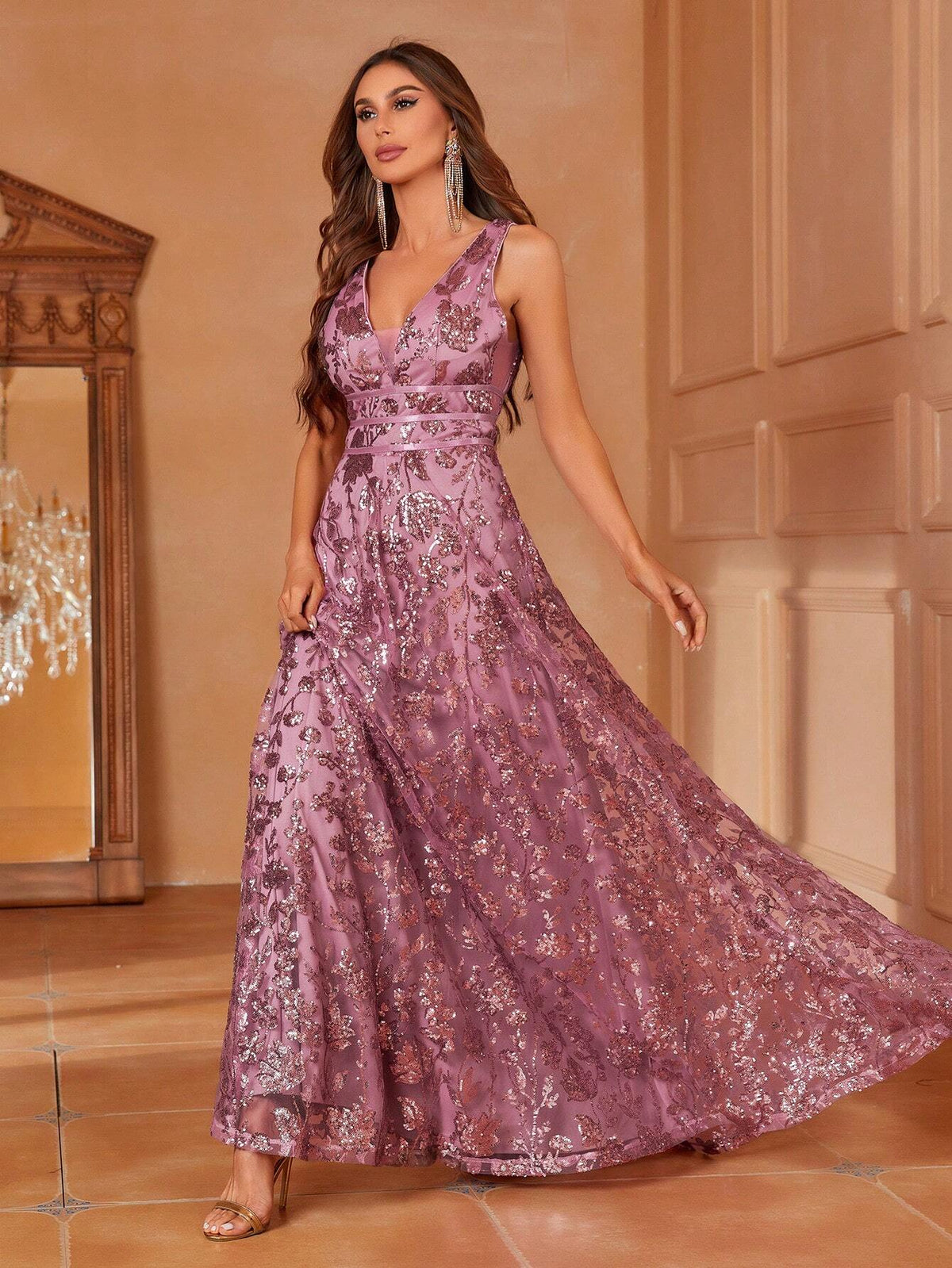 Plunging Neck Sequin Decor Formal Dress