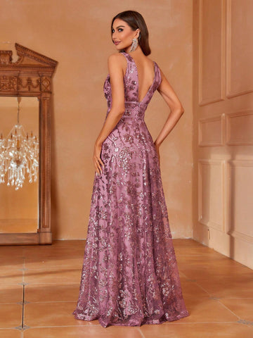 Plunging Neck Sequin Decor Formal Dress