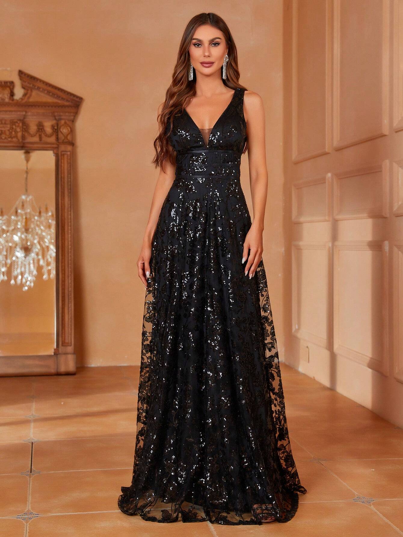 Plunging Neck Sequin Decor Formal Dress