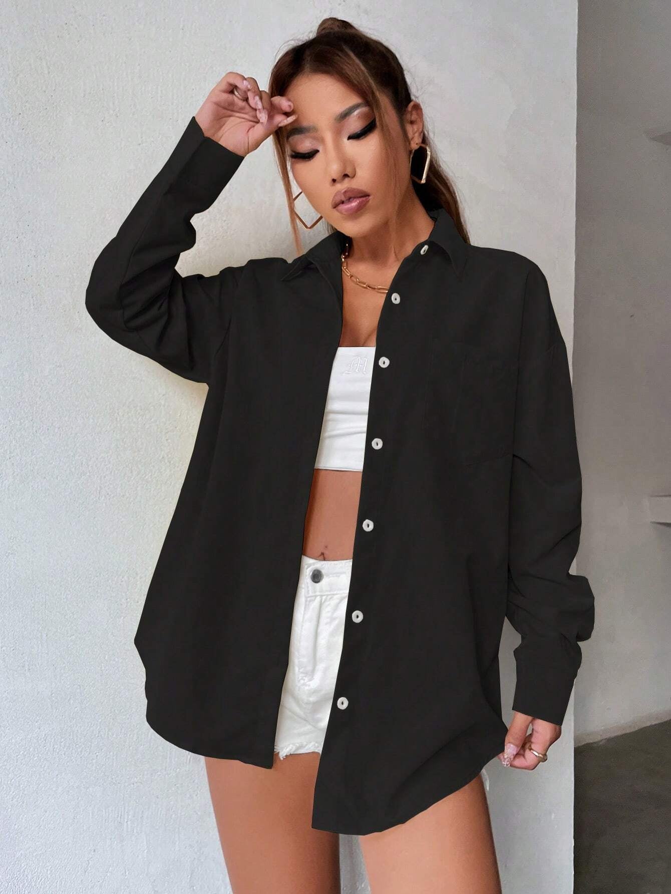 Pocket Patched Drop Shoulder Oversized Shirt