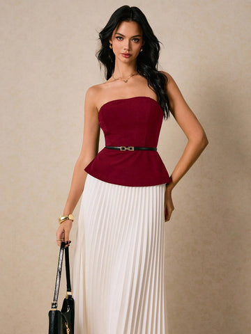 Poéselle Women Two Pieces Suit Black Top And Pleated Elegant Skirt