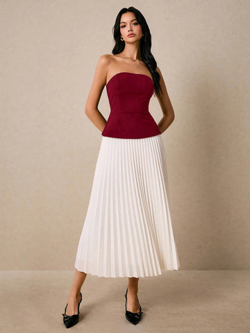 Poéselle Women Two Pieces Suit Black Top And Pleated Elegant Skirt