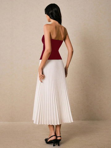 Poéselle Women Two Pieces Suit Black Top And Pleated Elegant Skirt