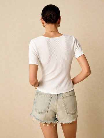 Poéselle Scoop Neck Button Front Ribbed Knit Tee
