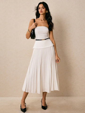 Poéselle Women Two Pieces Suit Black Top And Pleated Elegant Skirt