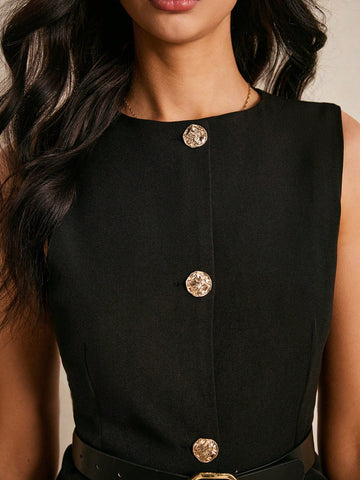 Women Suit Vest With Belt Waisted Suit Vest Asymmetric Hem Decoration Metal Button Single-Breasted Sleeveless Casual Blazer