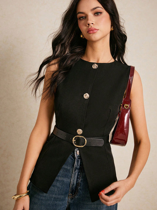 Women Suit Vest With Belt Waisted Suit Vest Asymmetric Hem Decoration Metal Button Single-Breasted Sleeveless Casual Blazer