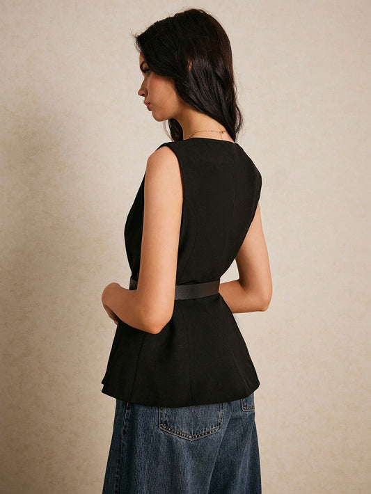 Women Suit Vest With Belt Waisted Suit Vest Asymmetric Hem Decoration Metal Button Single-Breasted Sleeveless Casual Blazer
