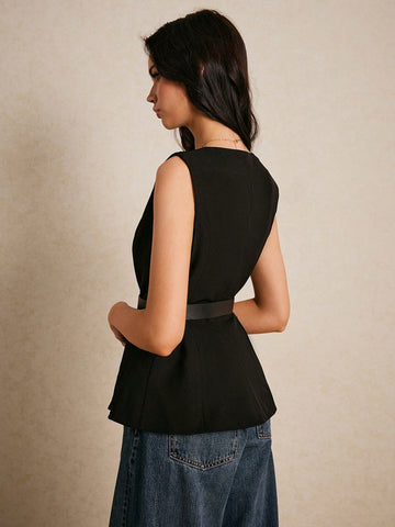 Women Suit Vest With Belt Waisted Suit Vest Asymmetric Hem Decoration Metal Button Single-Breasted Sleeveless Casual Blazer