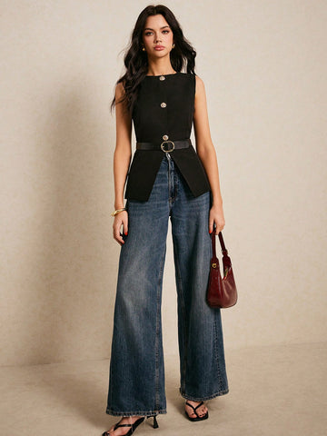 Women Suit Vest With Belt Waisted Suit Vest Asymmetric Hem Decoration Metal Button Single-Breasted Sleeveless Casual Blazer