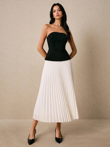 Poéselle Women Two Pieces Suit Black Top And Pleated Elegant Skirt