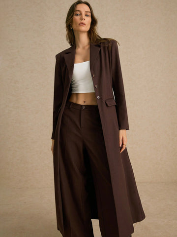 Breasted Wide Strap Slimming Both Sides Real Pockets Long Sleeve Long Blazer