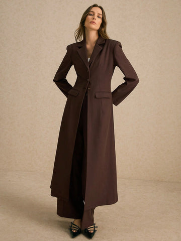 Breasted Wide Strap Slimming Both Sides Real Pockets Long Sleeve Long Blazer
