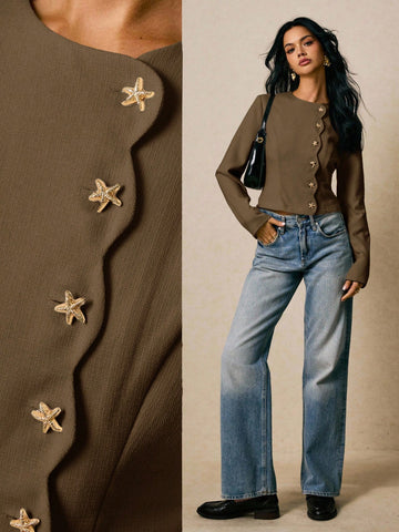 Women's Fashionable Commuter Starfish Button Solid Color Shirt