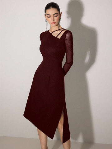 Poshira Women's Asymmetric Cold-Shoulder Elegant Formal Dress