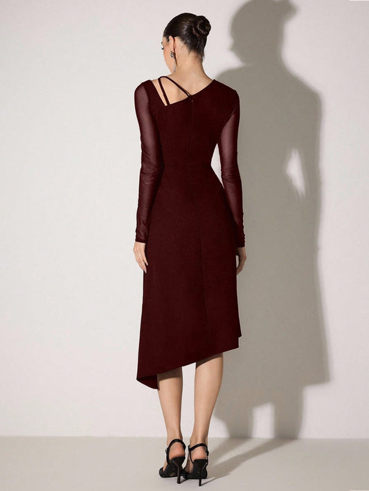 Poshira Women's Asymmetric Cold-Shoulder Elegant Formal Dress