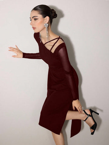 Poshira Women's Asymmetric Cold-Shoulder Elegant Formal Dress