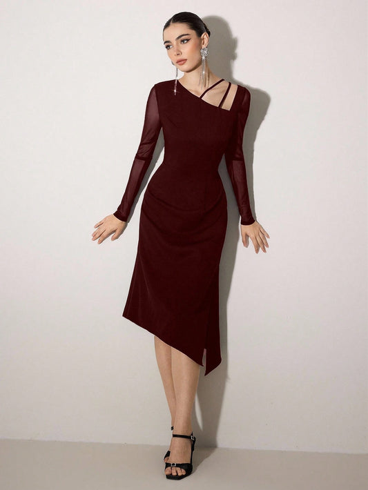 Poshira Women's Asymmetric Cold-Shoulder Elegant Formal Dress